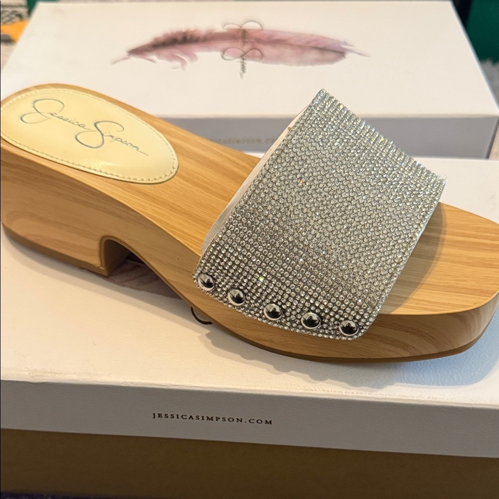Jessica Simpson Silver Rhinestone Wood-Effect Slide Clog
